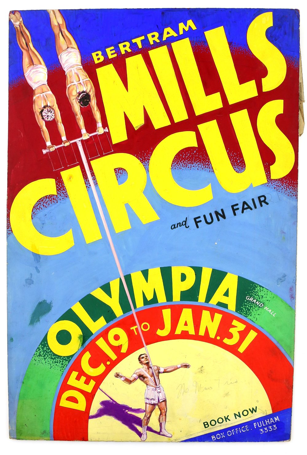 Bertram Mills Circus and Fun Fair at Olympia, featuring acrobats, original hand painted poster