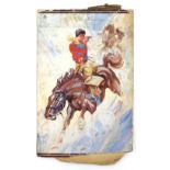 Circus - Cowboy on horseback escaping from native American Indians, on board, 48.5 x 33 cm.