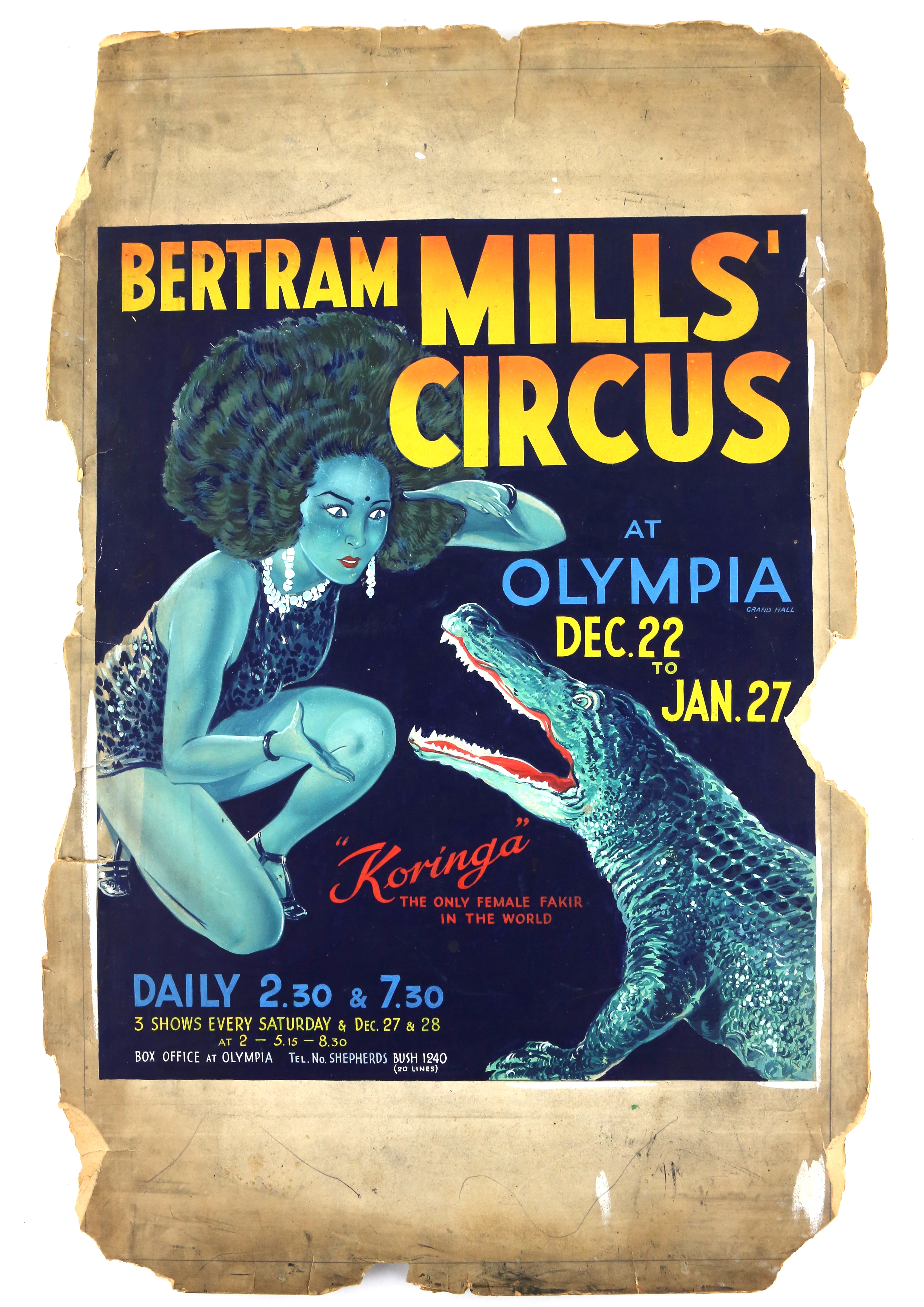 See image for damage. Bertram Mills Circus - Original hand painted poster artwork for the show at