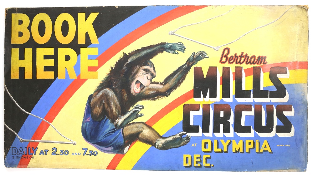 Bertram Mills Circus Olympia, Chimp on a trapeze, original hand painted poster artwork, on board, 37