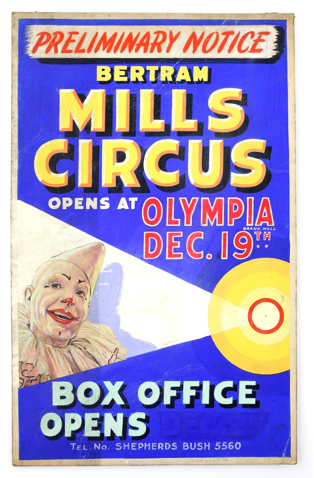 Bertram Mills Circus, Olympia - Preliminary Notice, original hand painted poster artwork, on