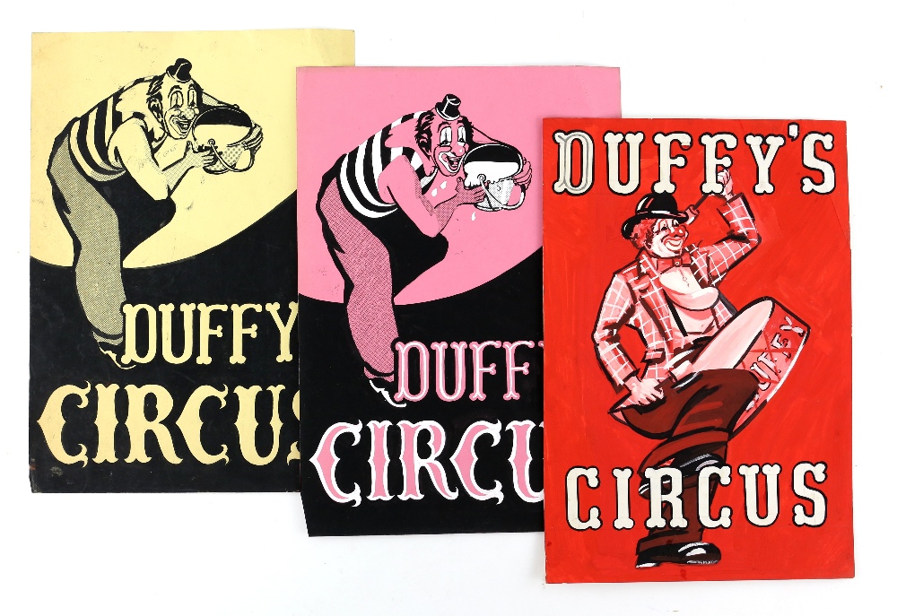 Duffy's Circus (1968) Three posters with clowns, original hand painted poster artworks, on board,