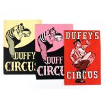 Duffy's Circus (1968) Three posters with clowns, original hand painted poster artworks, on board,