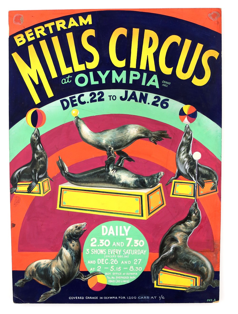 Bertram Mills Circus Olympia - Performing seals, original hand painted poster artwork, on board,