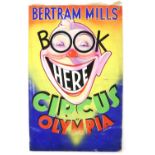 Bertram Mills Circus, Olympia - 'Book Here', spectacled clown, original hand painted poster artwork,