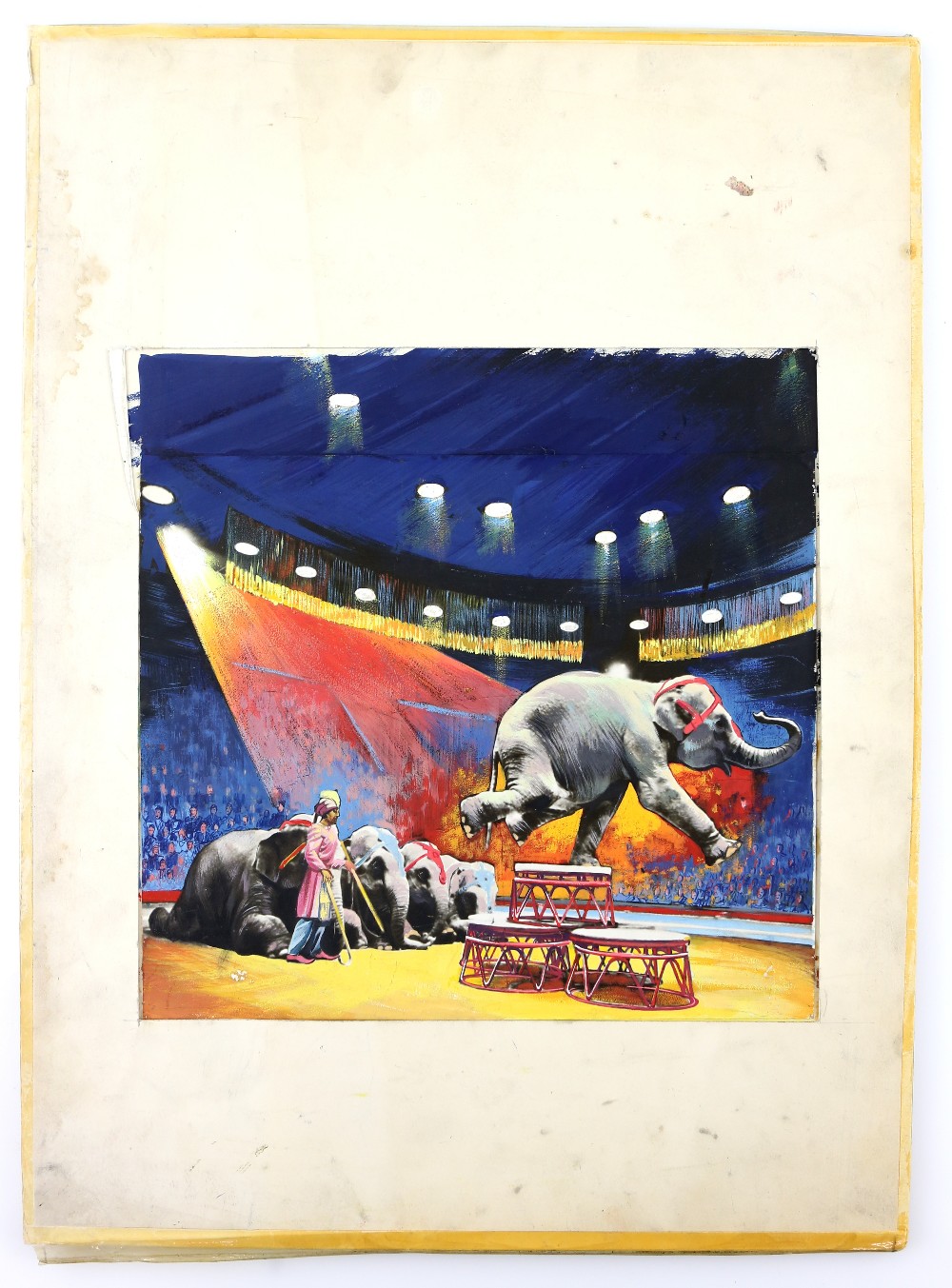 Circus original hand painted poster artwork - Elephants in the big top, on board, 30 x 30 cm.