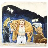 Circus poster artwork featuring a female trainer with animals, original hand painted poster artwork,