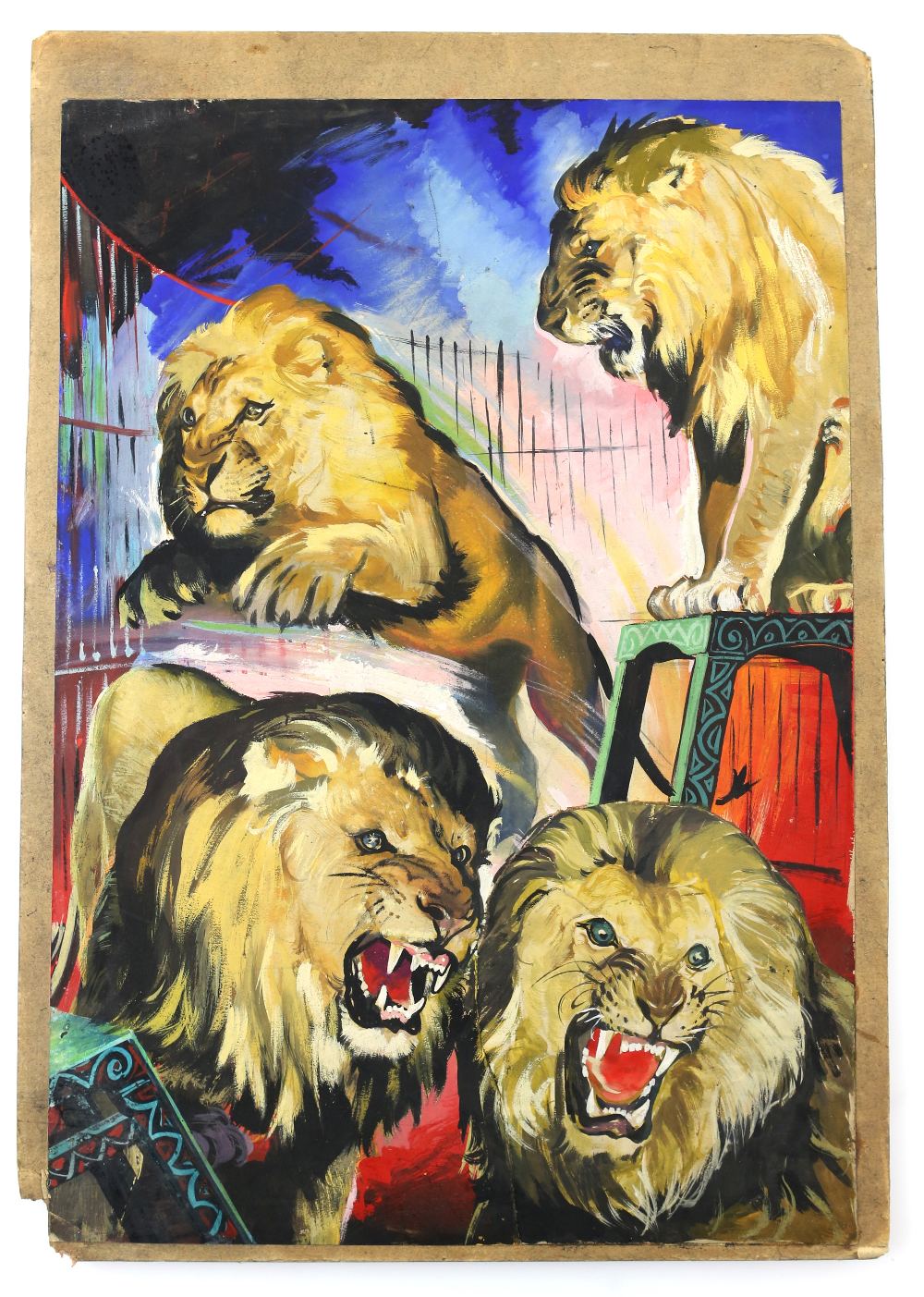 Circus - Original hand painted poster artwork of four lions, on board, 52 x 35.5 cm. Provenance: