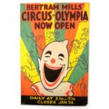 Bertram Mills Circus at Olympia, 'Now Open', featuring stylised clowns and line drawn animals,