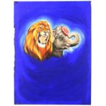 Circus artwork featuring a lion and an elephant, original hand painted poster artwork, on board,