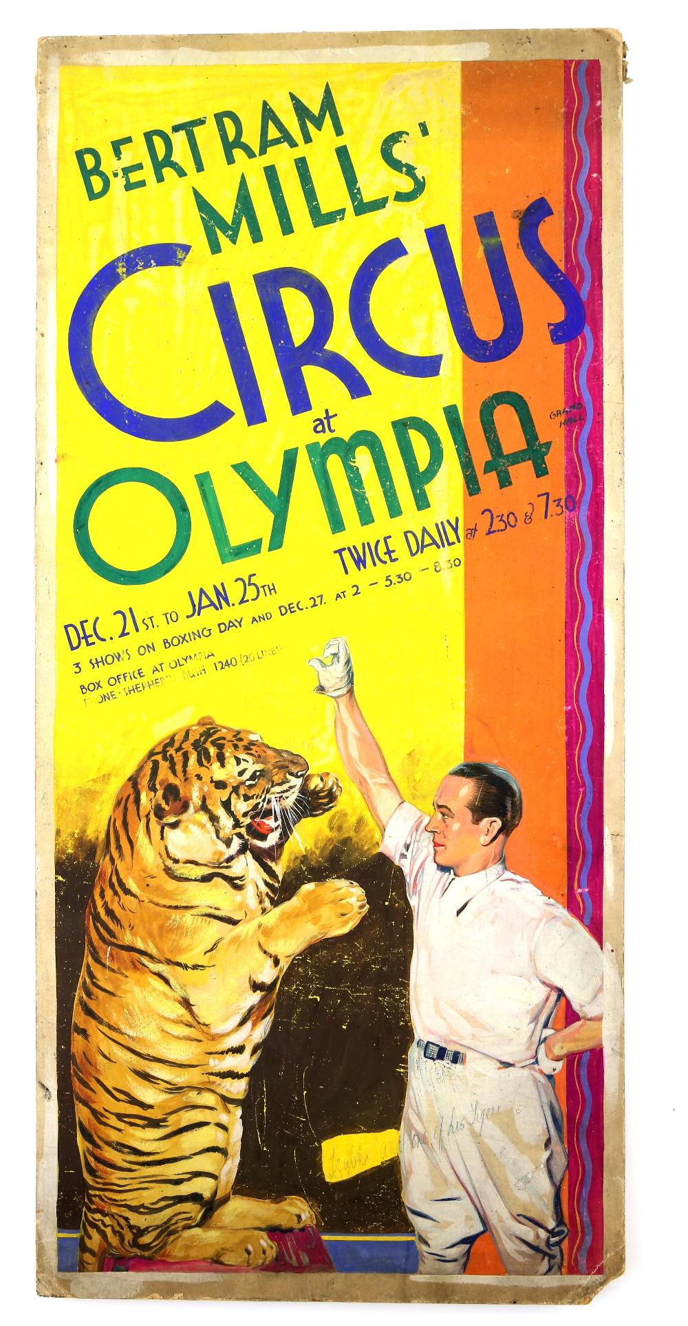 Bertram Mills Circus, Olympia - Tiger and trainer, original hand painted poster artwork, on board,