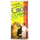 Bertram Mills Circus, Olympia - Tiger and trainer, original hand painted poster artwork, on board,