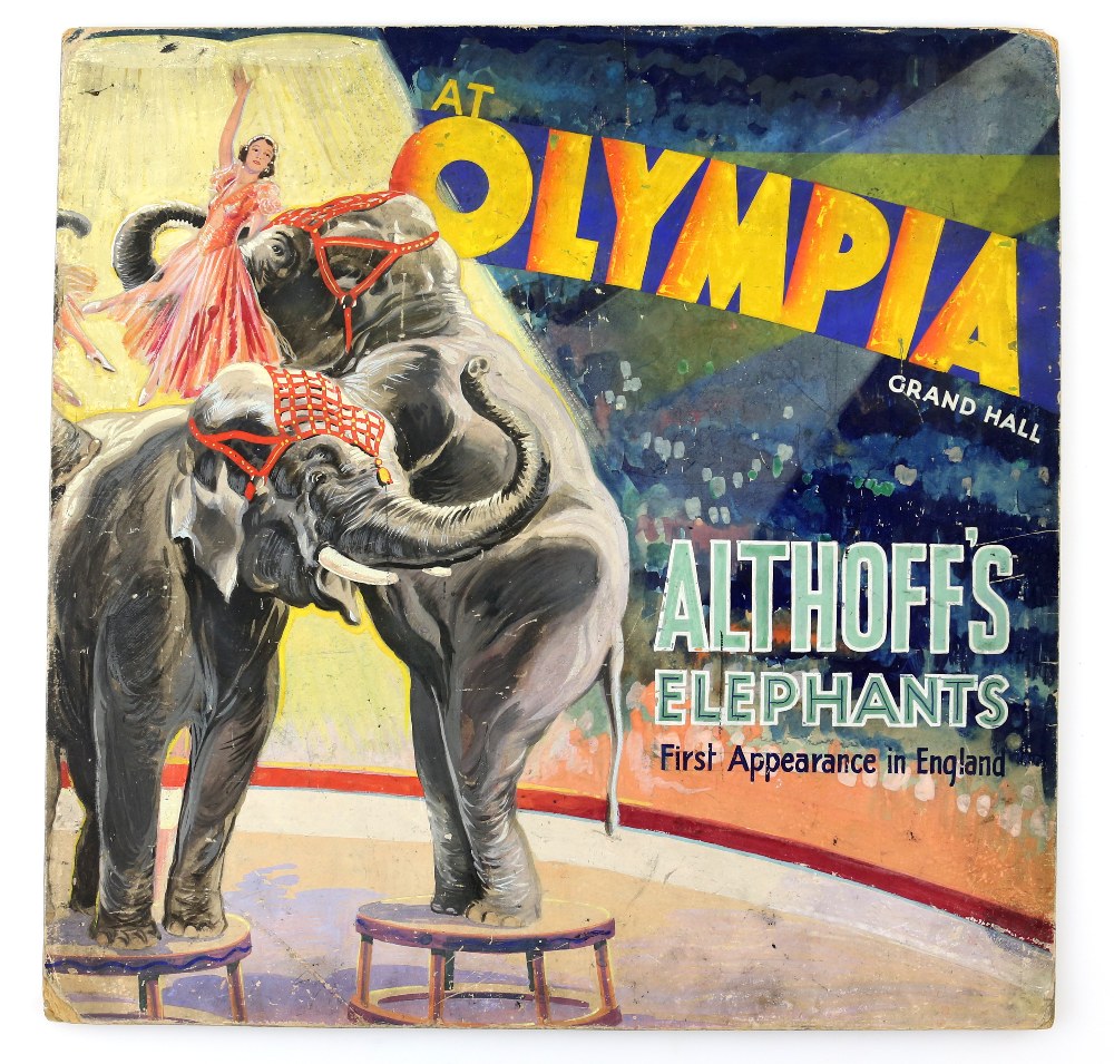 Althoff's Elephants at Olympia Grand Hall, original hand painted poster artwork, on board, 38 x 38