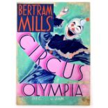 Bertram Mills' Circus at Olympia, featuring a white faced clown, original hand painted poster