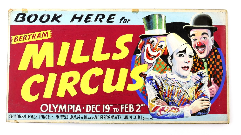 Bertram Mills Circus, Olympia - Three clowns, original hand painted poster artwork, on board, 25 x