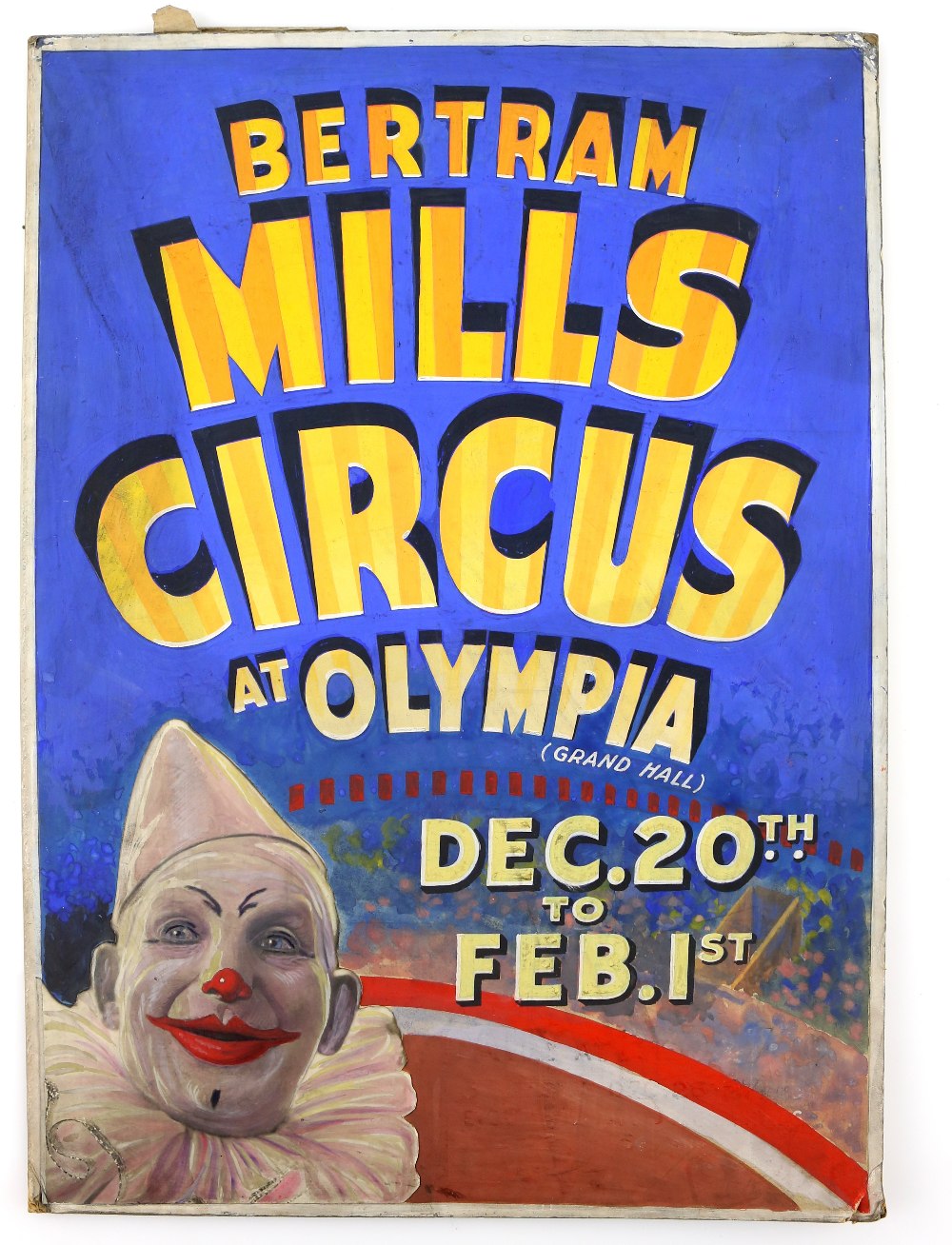 Bertram Mills Circus at Olympia, with a clown, original hand painted poster artwork, on board, 50