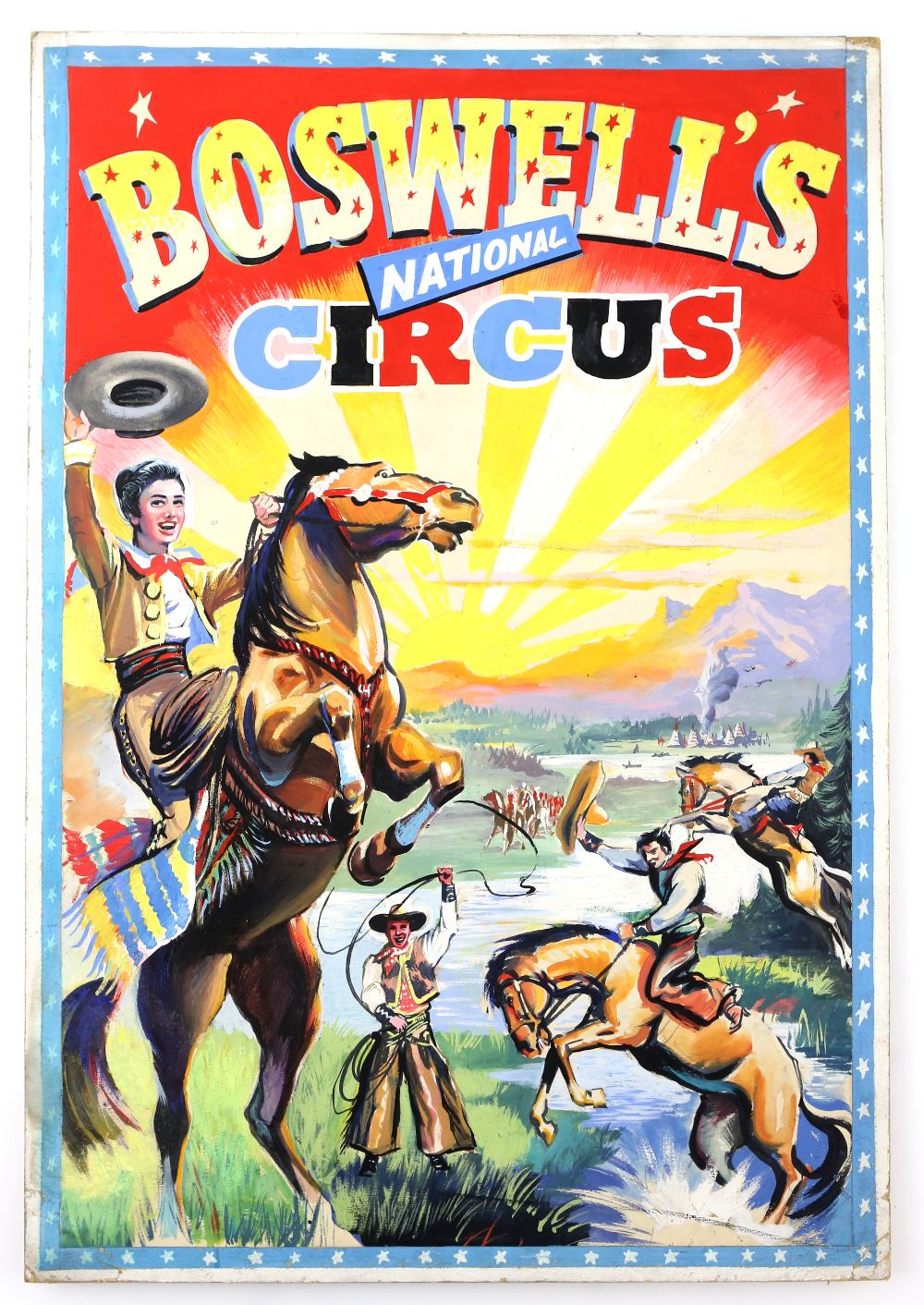 Boswell's National Circus - Cowboys and native American Indians, original hand painted poster