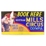 Bertram Mills Circus, Olympia - 'Book Here', featuring three clowns, original hand painted poster