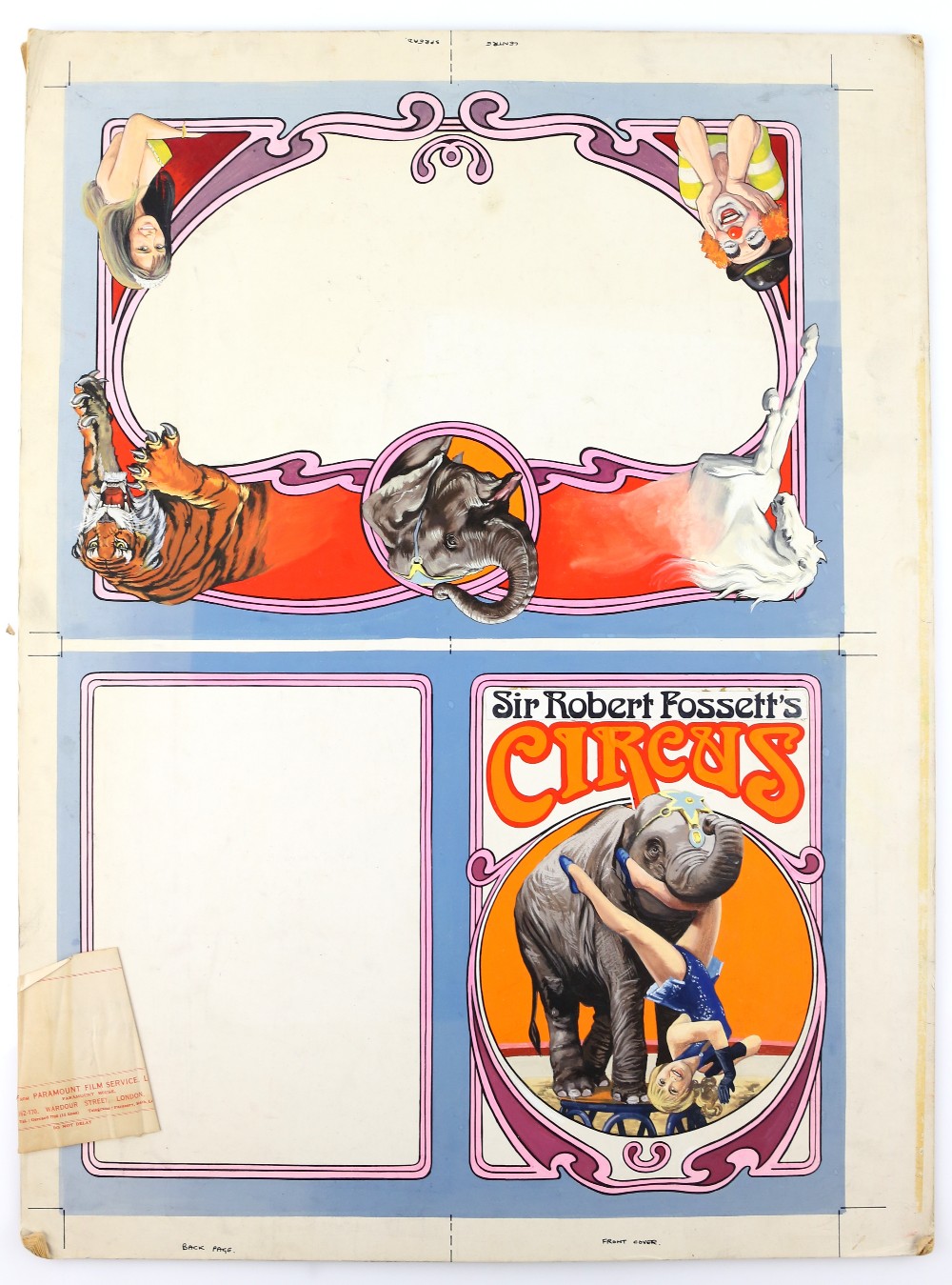 Sir Robert Fossett's Circus with elephant, clown and tiger, original hand painted artwork for a