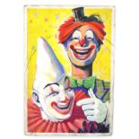 Two circus clowns, original hand painted poster artwork, on board, 38.5 x 25 cm. Provenance: From