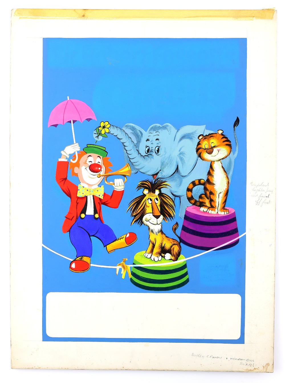 Circus poster in cartoon style - Featuring a clown, tiger, lion and an elephant, original hand