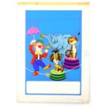 Circus poster in cartoon style - Featuring a clown, tiger, lion and an elephant, original hand