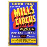 Bertram Mills Circus at Olympia, 'Book Here Dec 20th to Feb 1st', original hand painted poster