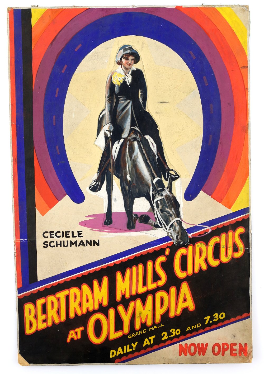 Bertram Mills Circus at Olympia - Ceciele Schumann on horseback, original hand painted poster