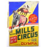 Bertram Mills Circus, Olympia - Horse with two dogs riding on its back, original hand painted poster