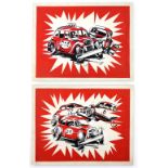 Stock car racing - Two original hand painted artworks for posters, on board, 32 x 25 cm (2).