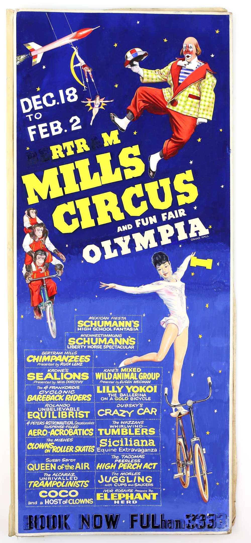 Bertram Mills Circus and Fun Fair, Olympia, featuring acrobat, chimps and clown, original hand