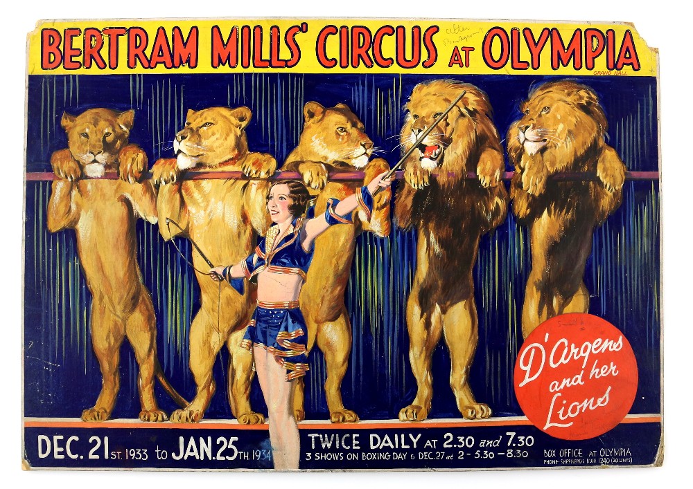 Bertram Mills' Circus at Olympia - D'Argens and her Lions, (1933-1934), original hand painted poster