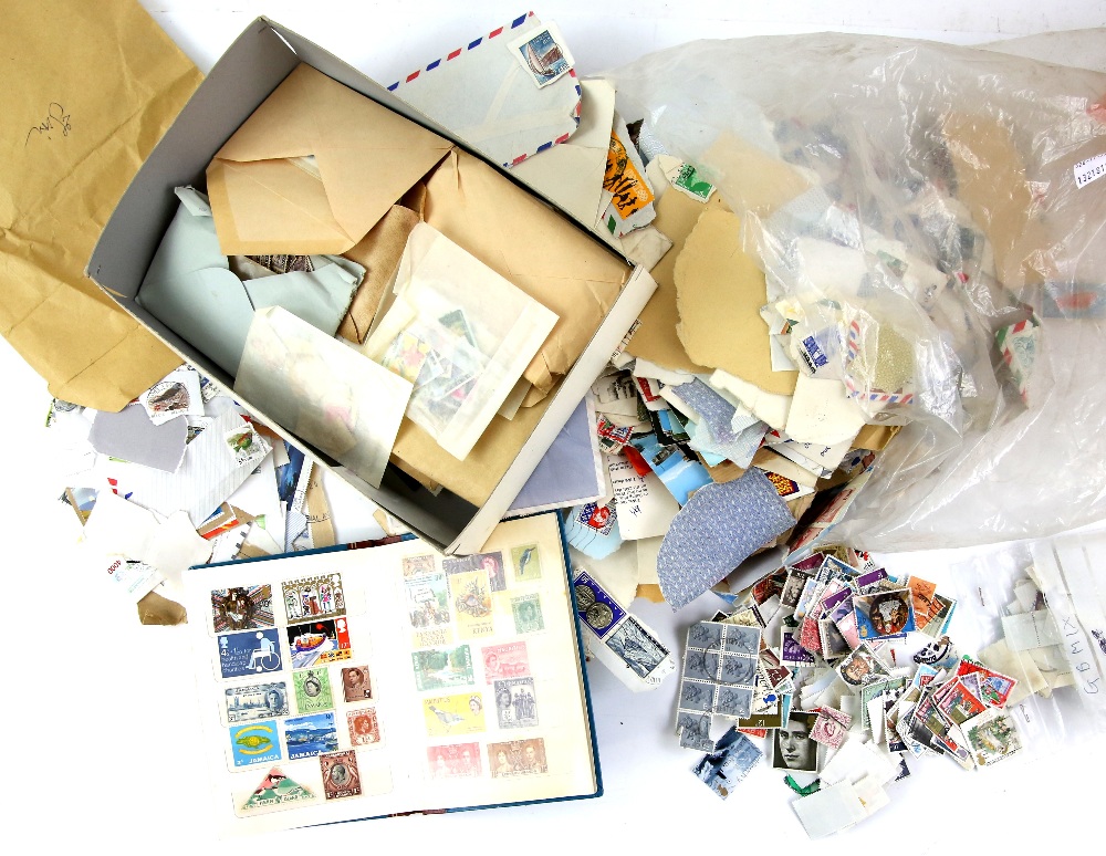 Two boxes, World stamps mixture in packets, small tins, boxes with Great Britain, Australia, Old