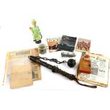 A metal mace; a box of various military and other ephemera