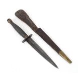 Fairbairn-Sykes type fighting knife with leather sheath