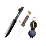 Hitler Youth knife in scabbard, and a military compass,