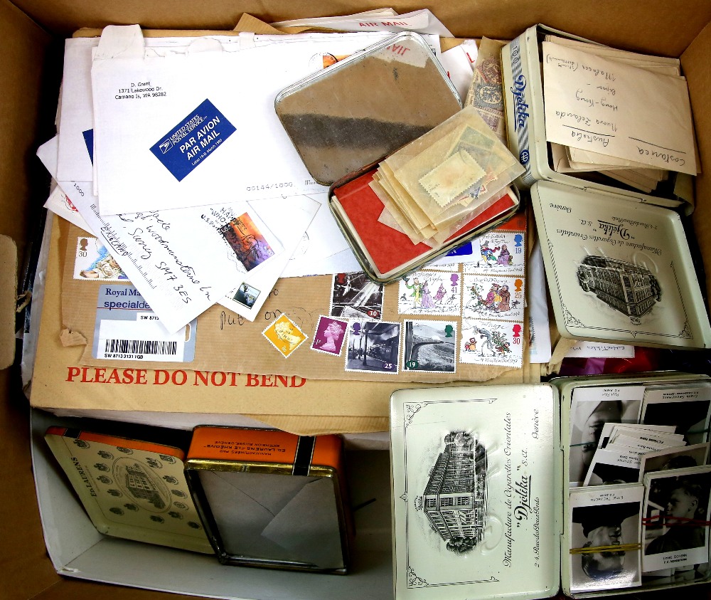 Two boxes, World stamps mixture in packets, small tins, boxes with Great Britain, Australia, Old - Image 2 of 2