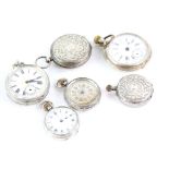 Selection of six silver fob watches.