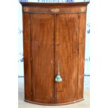 19th century mahogany bow fronted corner cabinet . Loss of colour. Various stains. Veneer lifting in