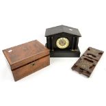 Black slate mantel clock, book stand and writing box.