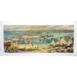 Amended description. George Hann, Cornish village/harbour scene, signed, oil on board, 101cm x 41.