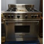 Wolf stainless steel gas range cooker. 105 cm high x 70 cm deep x 91 cm wideModel number R364C