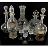 Quantity of decanters and other glassware, including some silver decanter labels one for Concorde (2