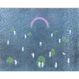 Milvia Maglione (Italian, 1934-2010), print depicting infants among trees with rainbow overhead,