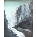 20th century, landscape in shades of grey with cliff face and river, unsigned, oil on canvas, 98cm x