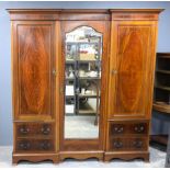 Early 20th century mahogany cross banded and boxwood strung triple wardrobe . 214 cm high55 cm