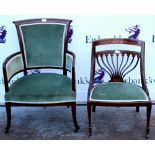 19th century mahogany open armchair with line inlaid decoration on splayed supports and another