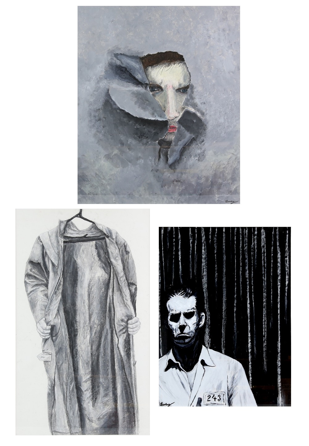 Surrealist study of a male prisoner, monochrome acrylic on paper, signed indistinctly lower left, 59