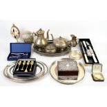 Small group of silver plated items including a coffee-pot, teapot, tray, bottle coaster, silver-