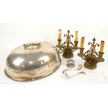 Silver plated meat dome, pair of gilt metal twin light candelabra and other items,.